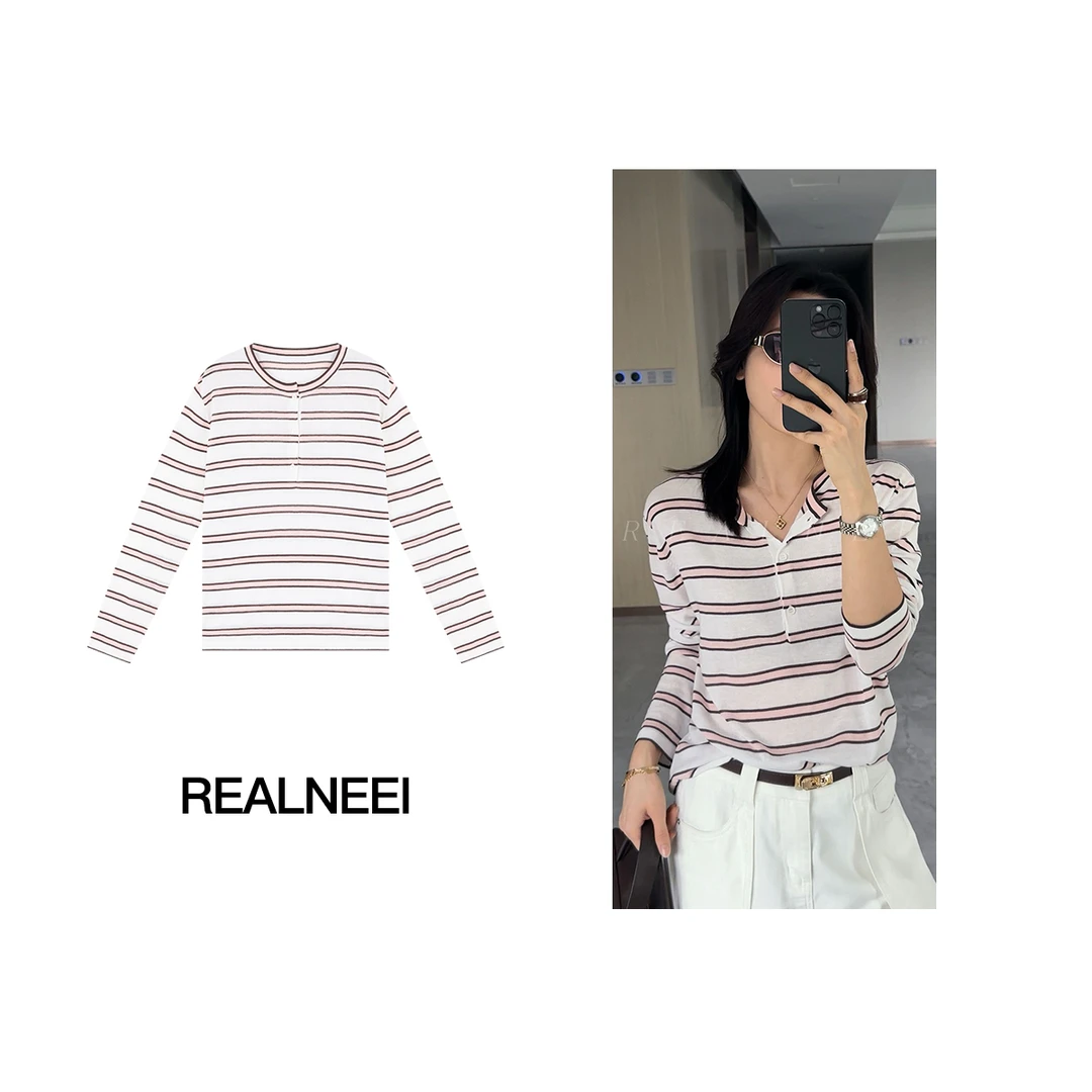 粉调条纹丨25年夏季琥珀流光风天丝麻轻薄撞色条纹长袖上衣23023