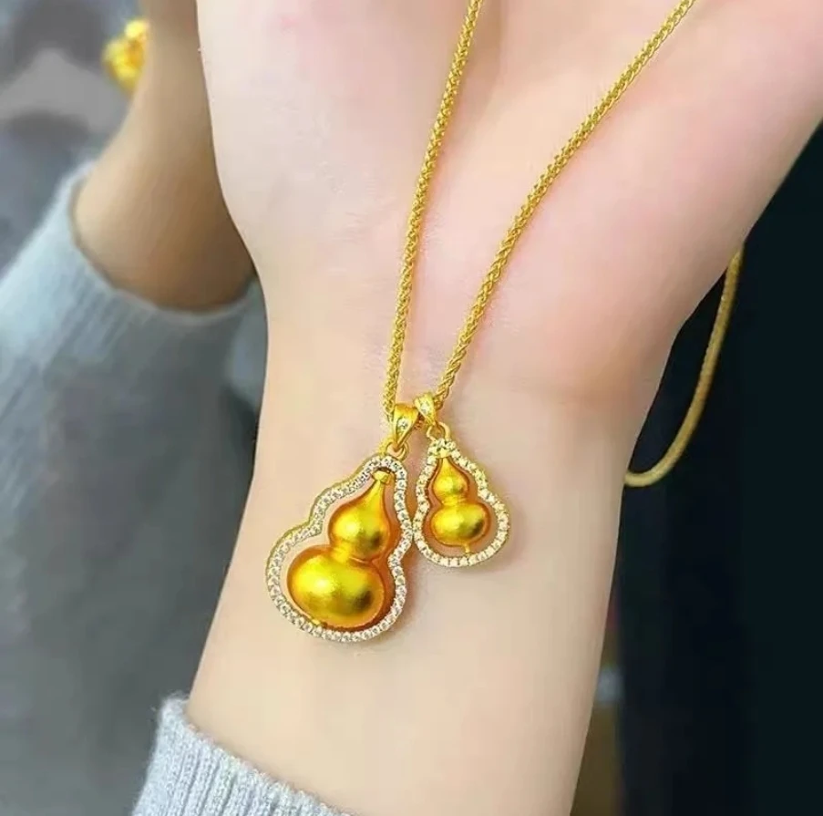 铜锆石吊坠 镀金双葫芦镶钻旋转高级轻奢时尚转运吊坠古法贵气