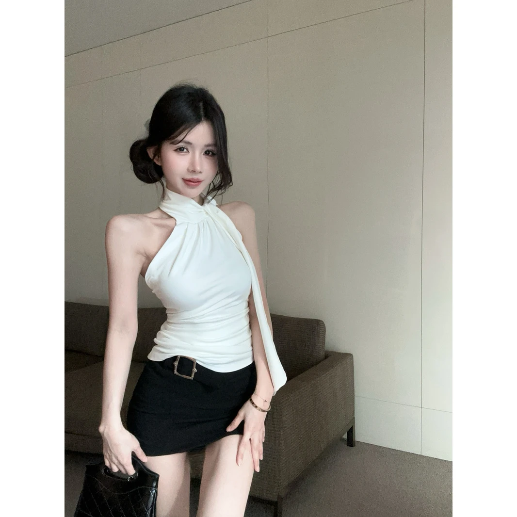 多巴胺不规则斜肩挂脖吊带背心女外穿夏季泰式辣妹抹胸性感小上衣