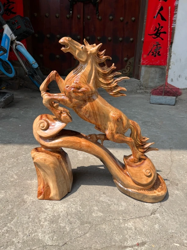 香樟木马到成功摆件木雕生肖马工艺品家居饰品新中式长52-19-52