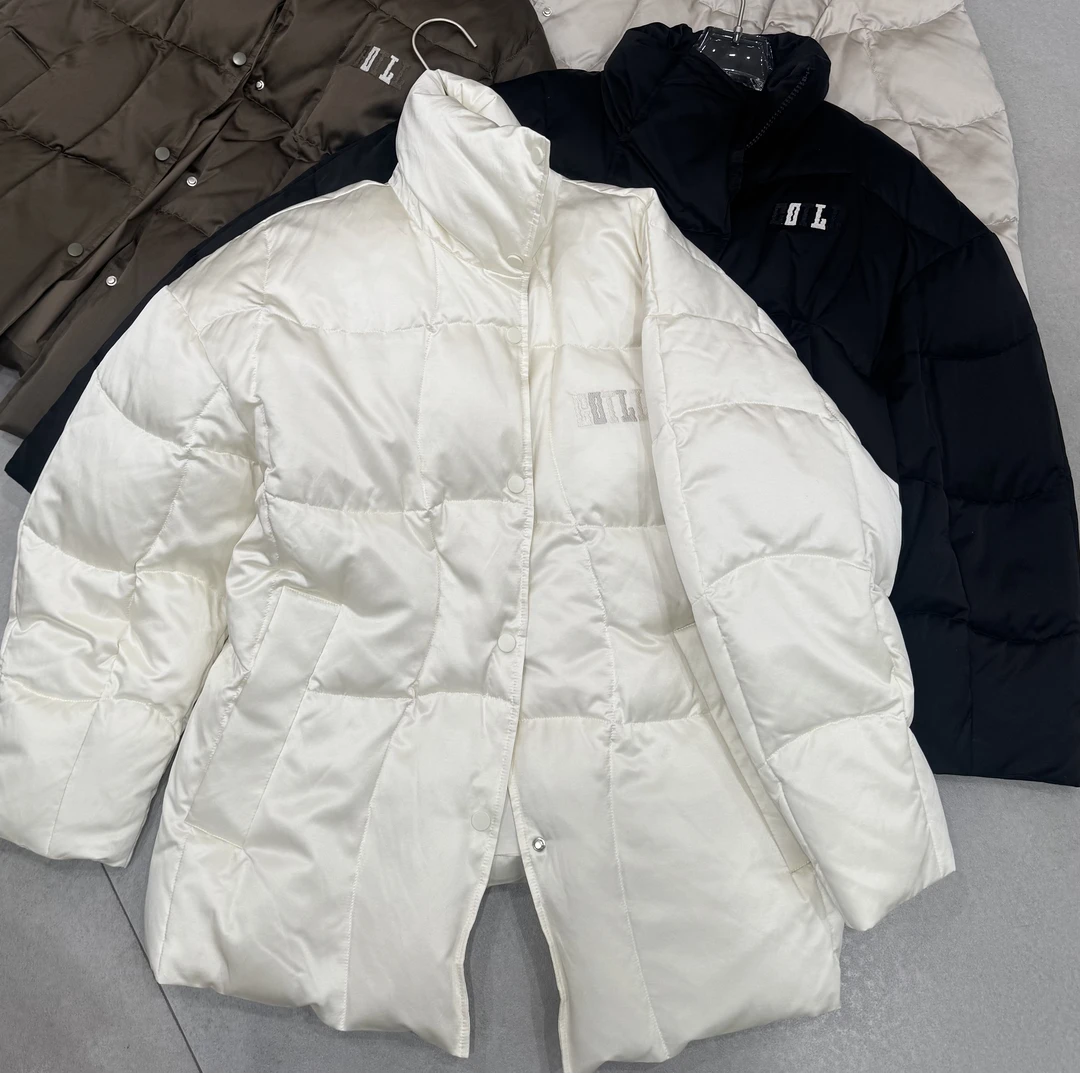 2697#韩版刺绣鹅绒服女中长款冬季新款高端保暖立领桑蚕丝羽绒服