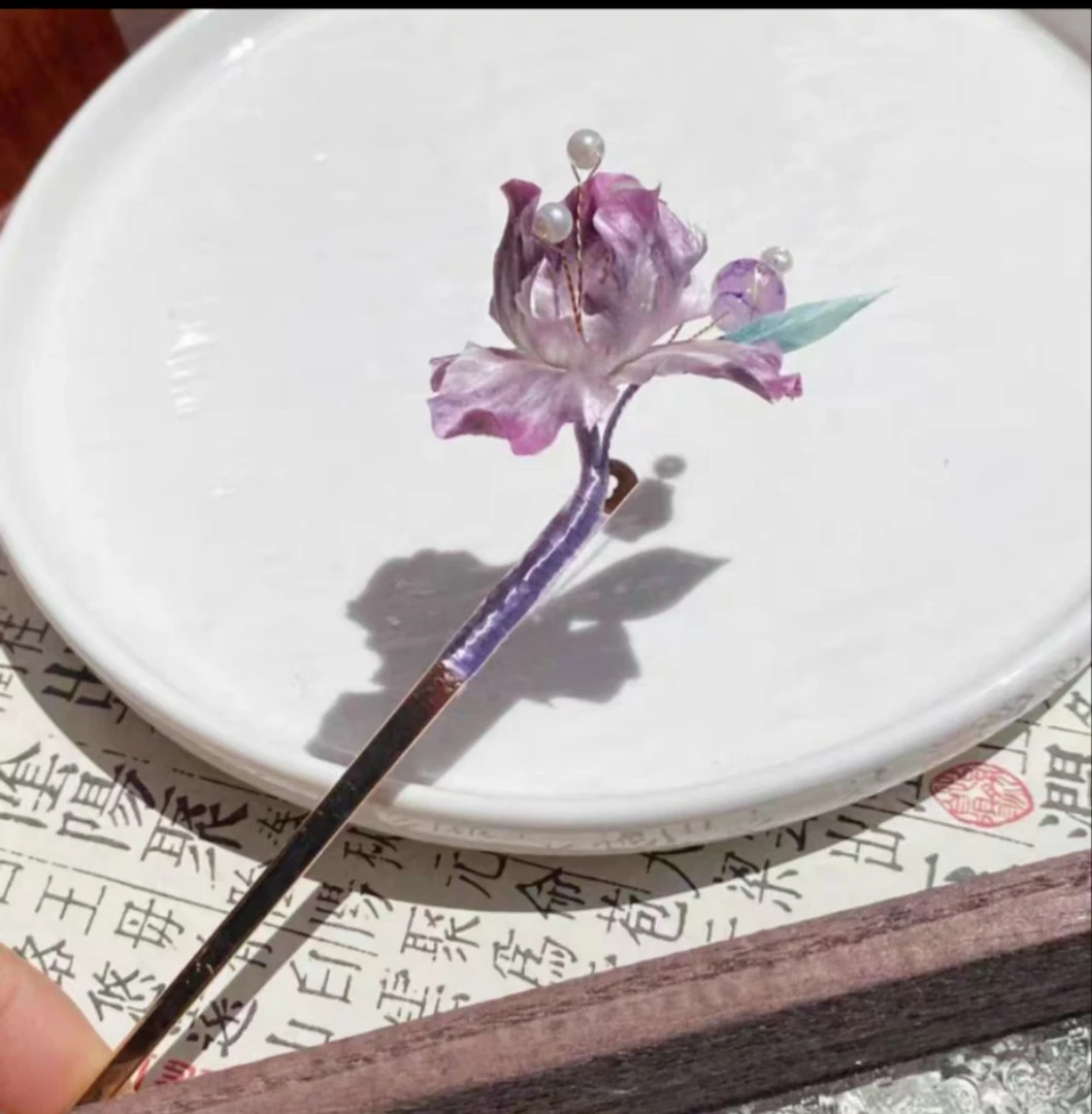 118 紫色鸢尾花铜发簪非遗扁绒掐丝蚕丝点翠铜柄发簪日常百搭