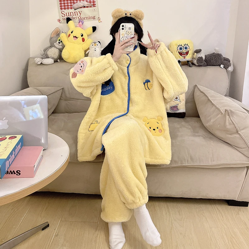 【维尼熊黄】冬季加绒加厚保暖睡衣女可爱学生家居服