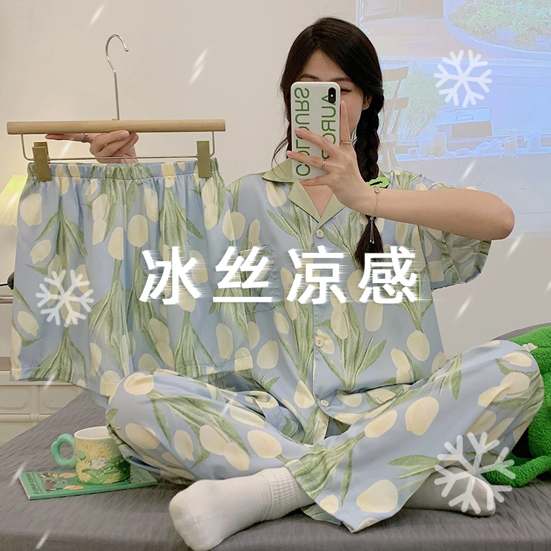 可外出睡衣女夏女大学生家居服高级冰丝短袖甜美2025年新款三件套