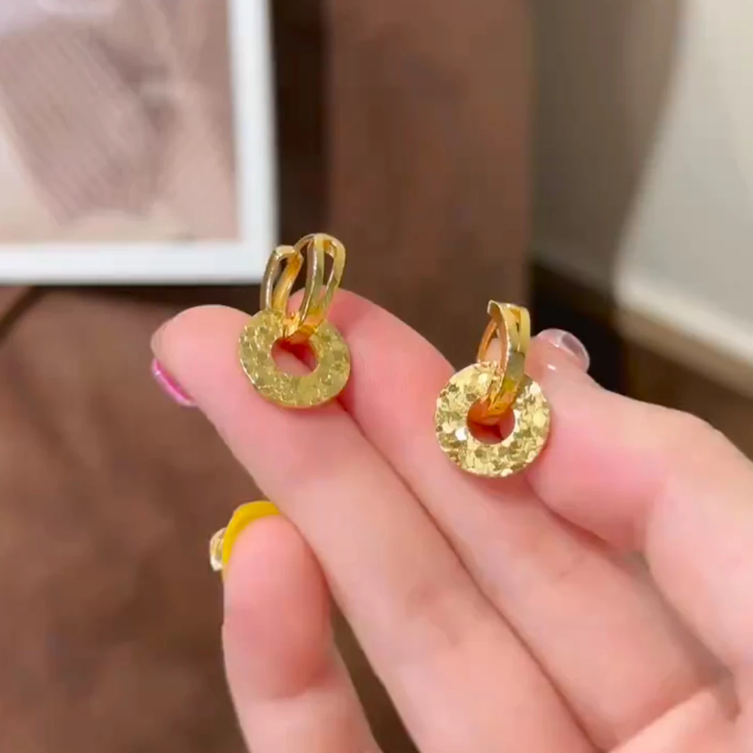 铜合金耳饰 中国风气质金色碎冰冰耳扣女甜美金色爆闪平安扣耳坠