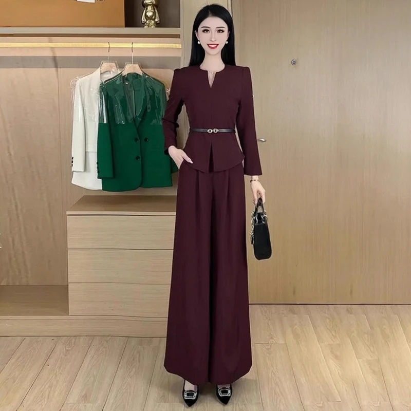 拉夏贝尔时尚气质套装女2025秋新款显瘦收腰V领上衣阔腿裤两件套