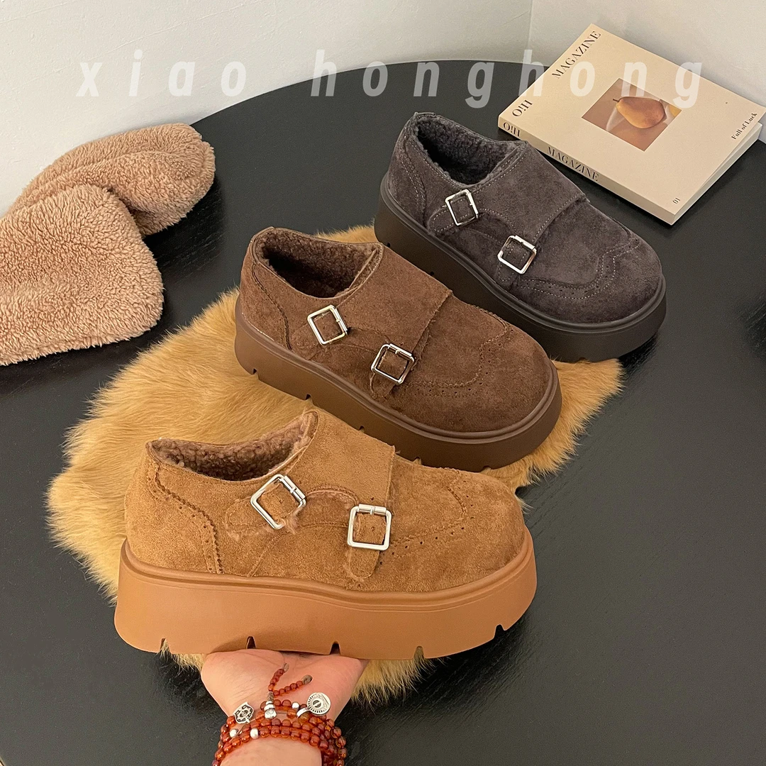 【小红红】厚底绒面双扣保暖勃肯鞋女2025冬季新款增高一脚蹬棉鞋