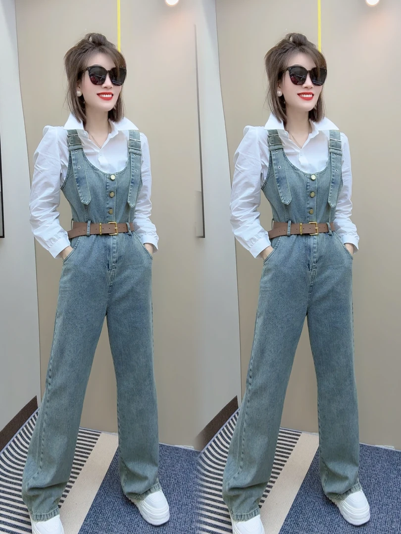 （两件套）牛仔连体裤衬衫时尚两件套