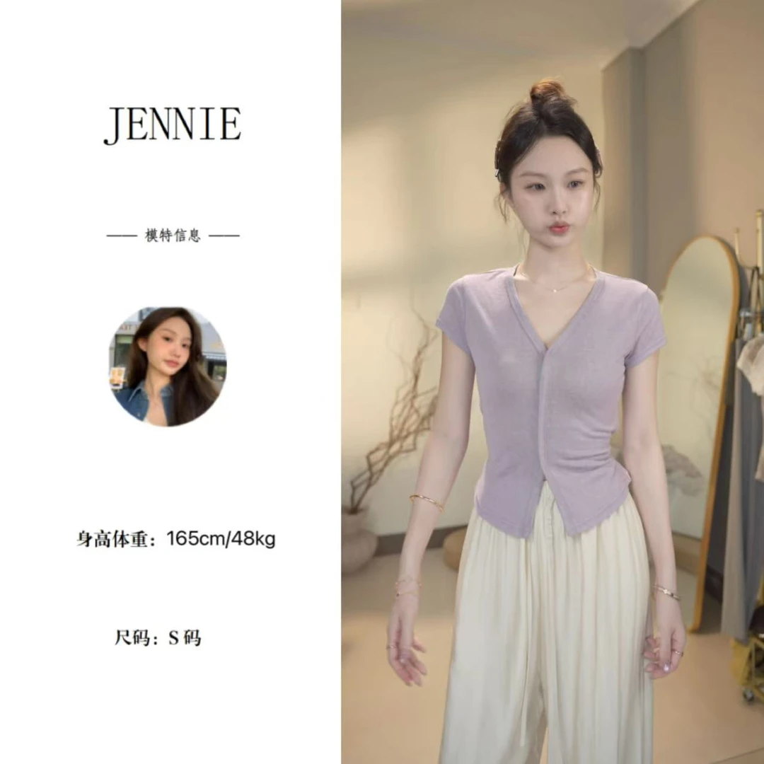 夏季V领温柔法式绑带设计正肩T恤开叉收腰氛围感穿搭上衣