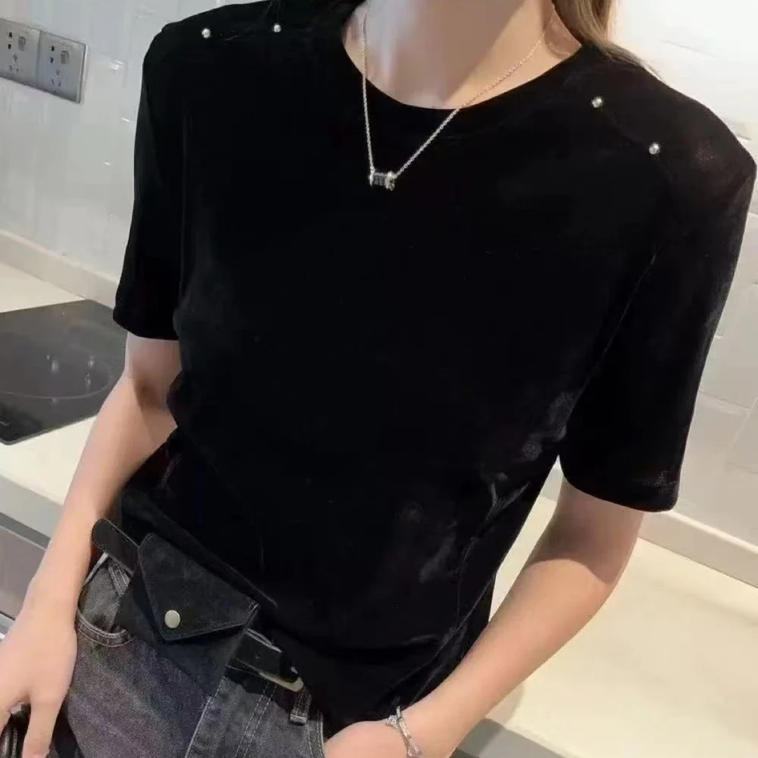 欧美风棉绒短袖黑色纯色显瘦百搭