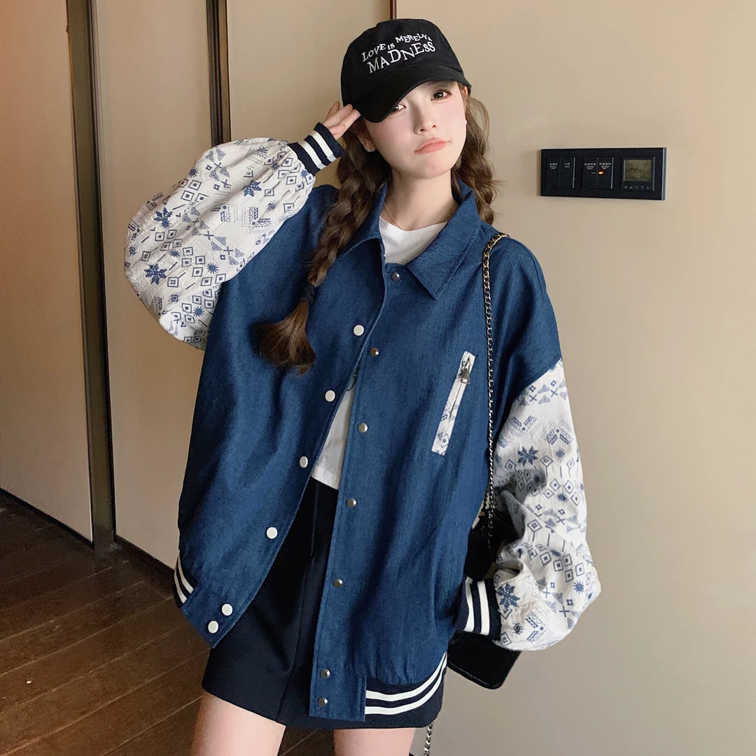 民族风碎花拼接牛仔棒球服外套女2025年春秋新款休闲百搭夹克上衣