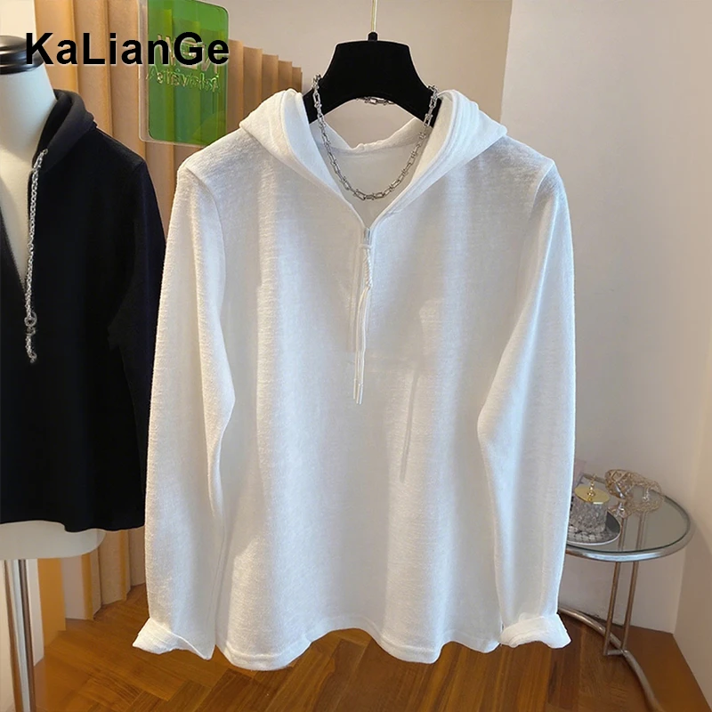 卡莲格/半拉链休闲连帽长袖上衣女早秋季高级感宽松显瘦打底衫T恤