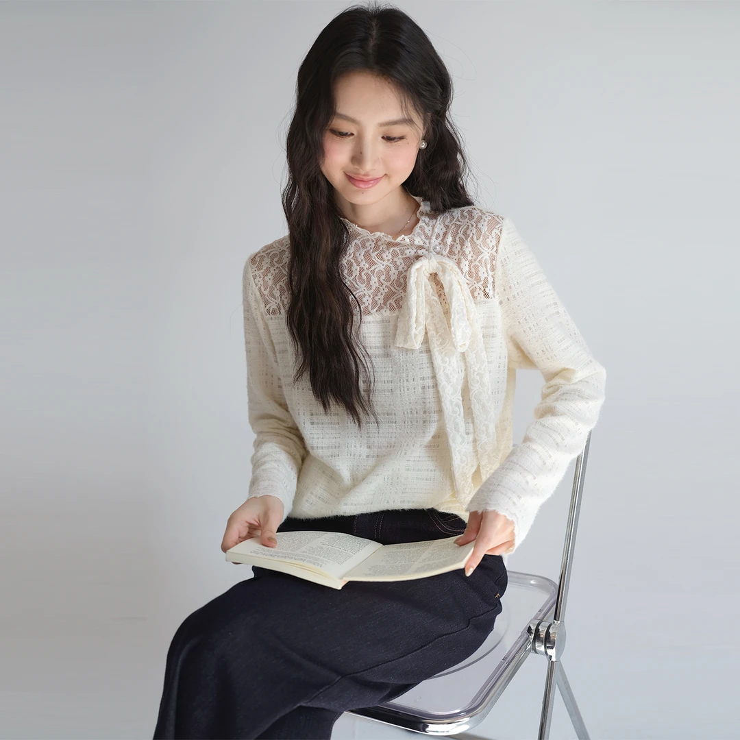 【蝴蝶结飘带磨毛蕾丝衫】蓝若水大码春新款半高领打底上衣87762