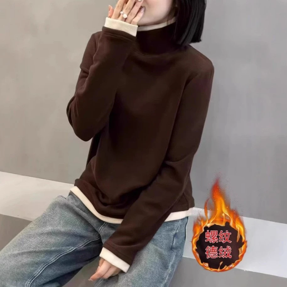 冬季双面绒保暖打底衫上衣女士2025新款休闲百搭长袖半高领内搭