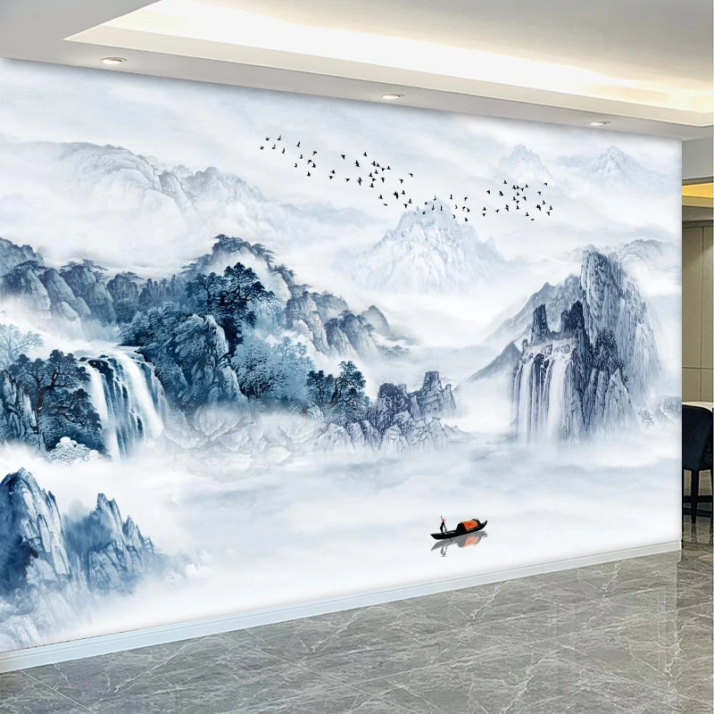 电视墙背景墙壁画壁纸布3D客厅影视墙纸沙发墙布18d新中式山水画