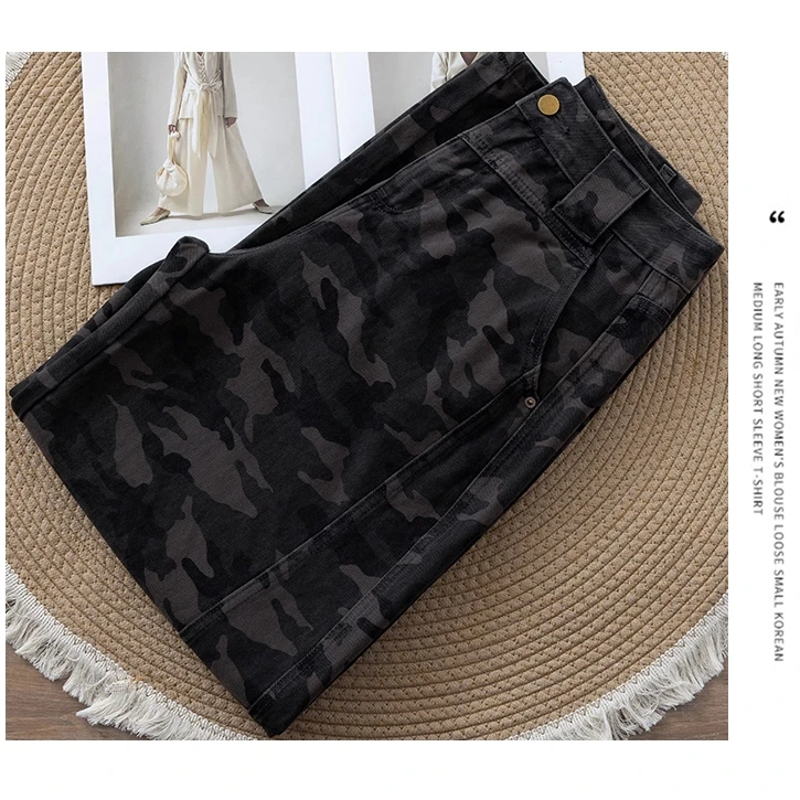 2025春秋季新款迷彩弯刀工装牛仔裤女高腰直筒宽松复古阔腿香蕉裤