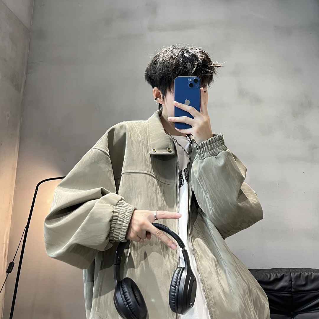 DISROBEING秋季立领宽松皮衣夹克男潮牌复古丝光高品质痞帅外套