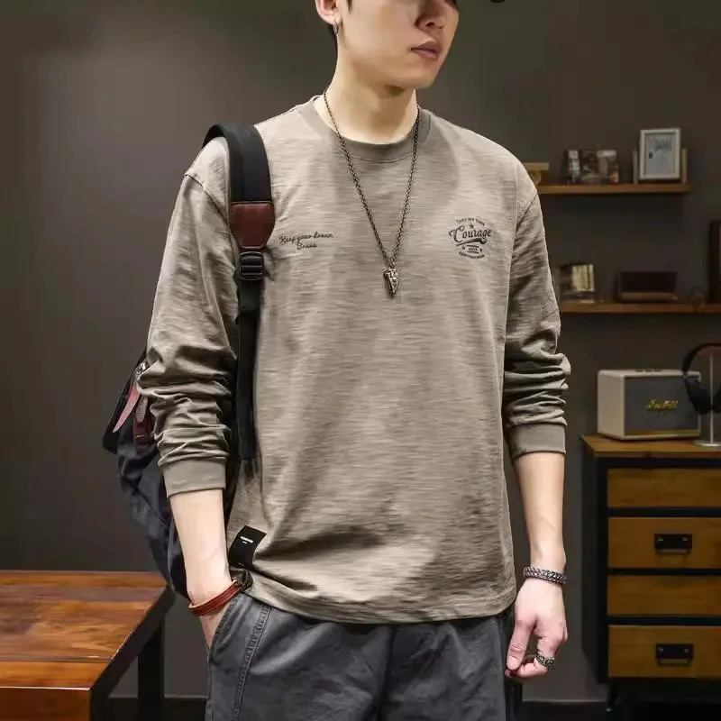 秋季新款纯棉长袖t恤男士宽松圆领打底衫休闲简约百搭休闲男上衣