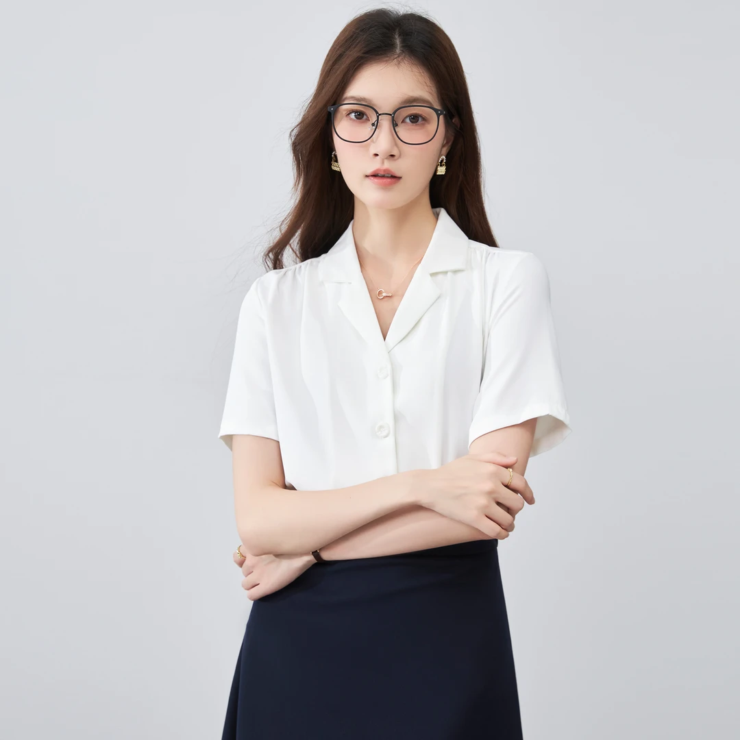 职业白色v领雪纺衬衫女短袖夏季新款教资面试正装工装西装领上衣