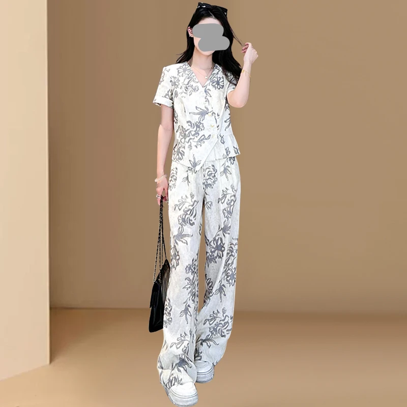 韩系短袖衬衣阔腿裤两件套女2025夏季新款老钱风休闲宽松显瘦套装