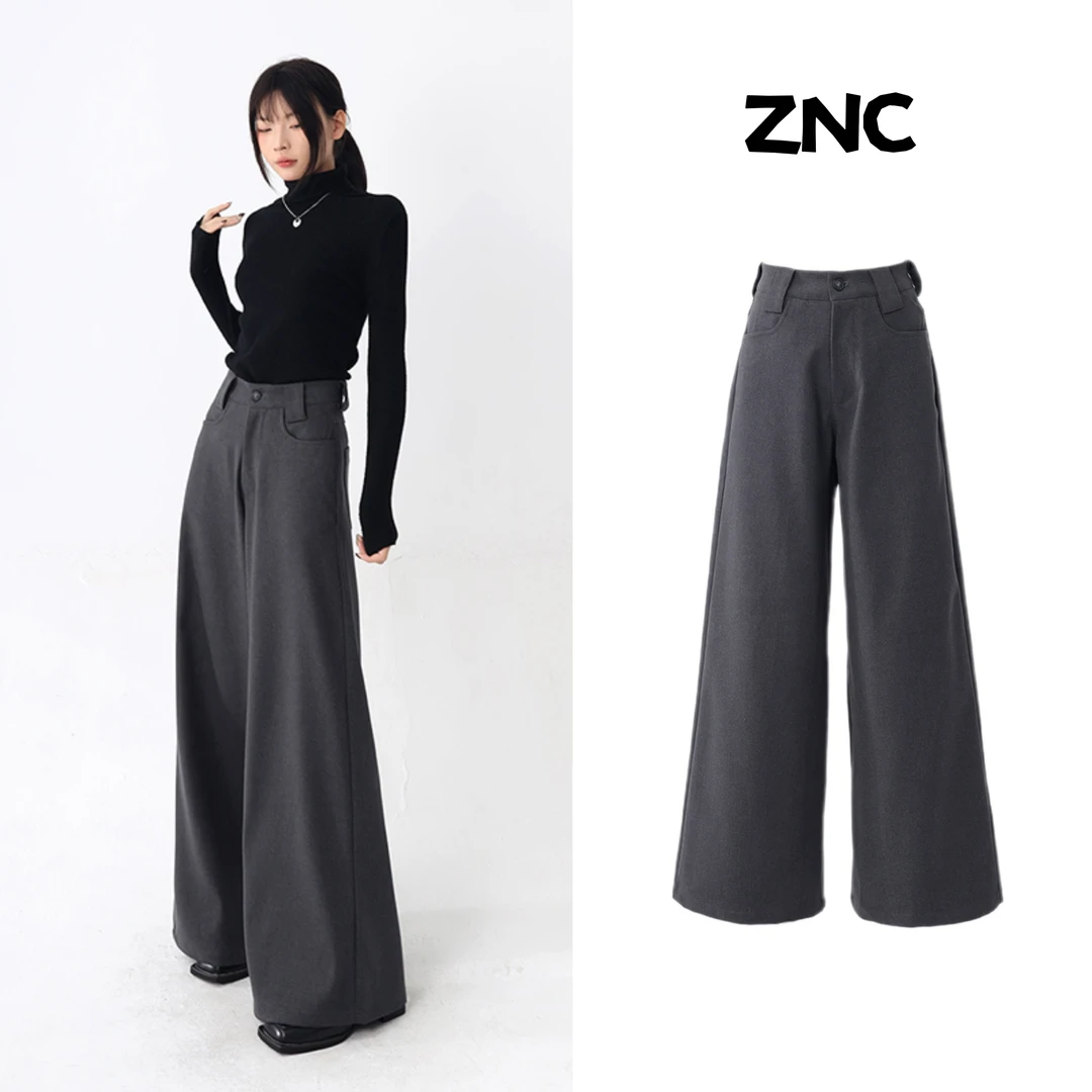 哲娜纯灰调显瘦韩版2025秋冬新款高腰毛呢休闲阔腿裤直筒拖地裤女