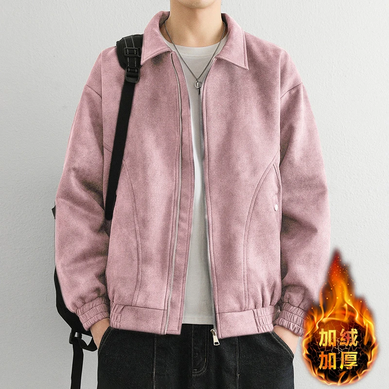 男秋冬重磅美式翻领个性粉色翻领夹克加绒加厚外套工装上衣防风潮