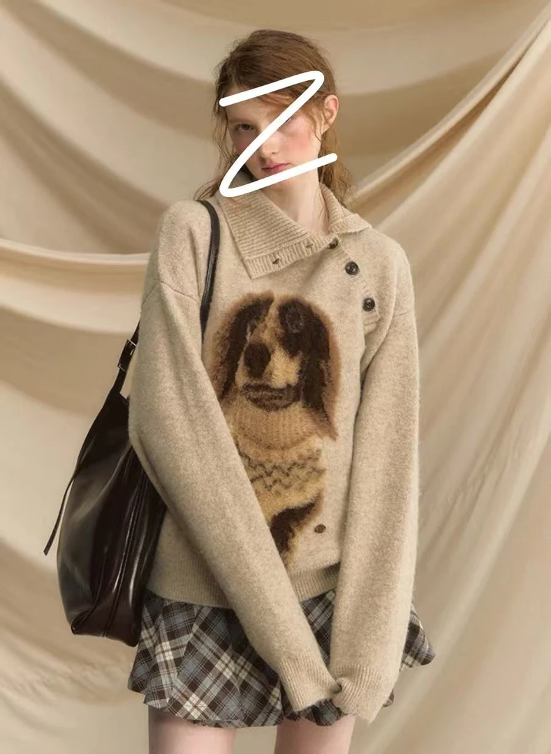 早安小腊肠套头毛衣女秋冬小狗复古宽松慵懒风外穿针织衫毛衣