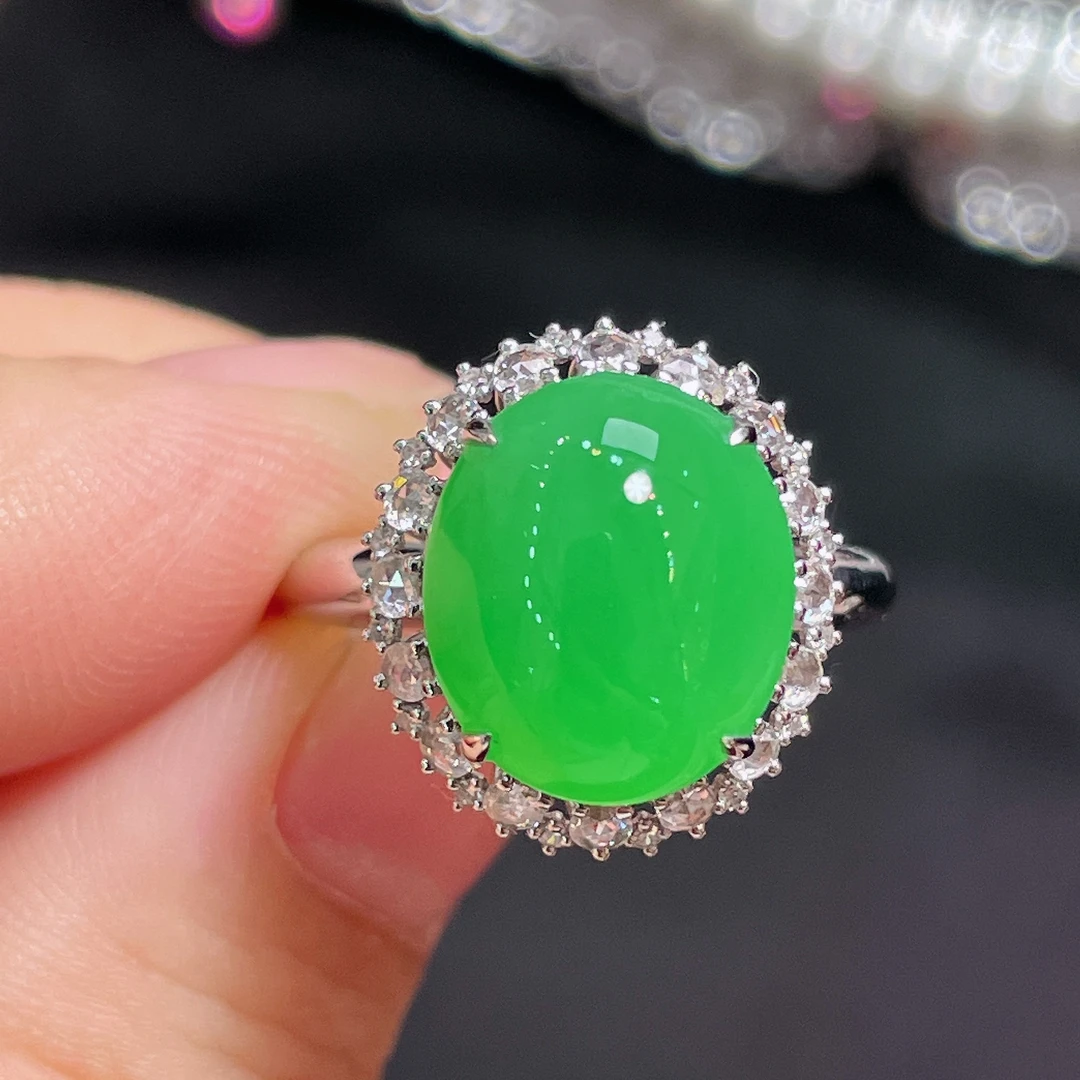 冰种阳绿蛋面镶金女款百搭精美时尚