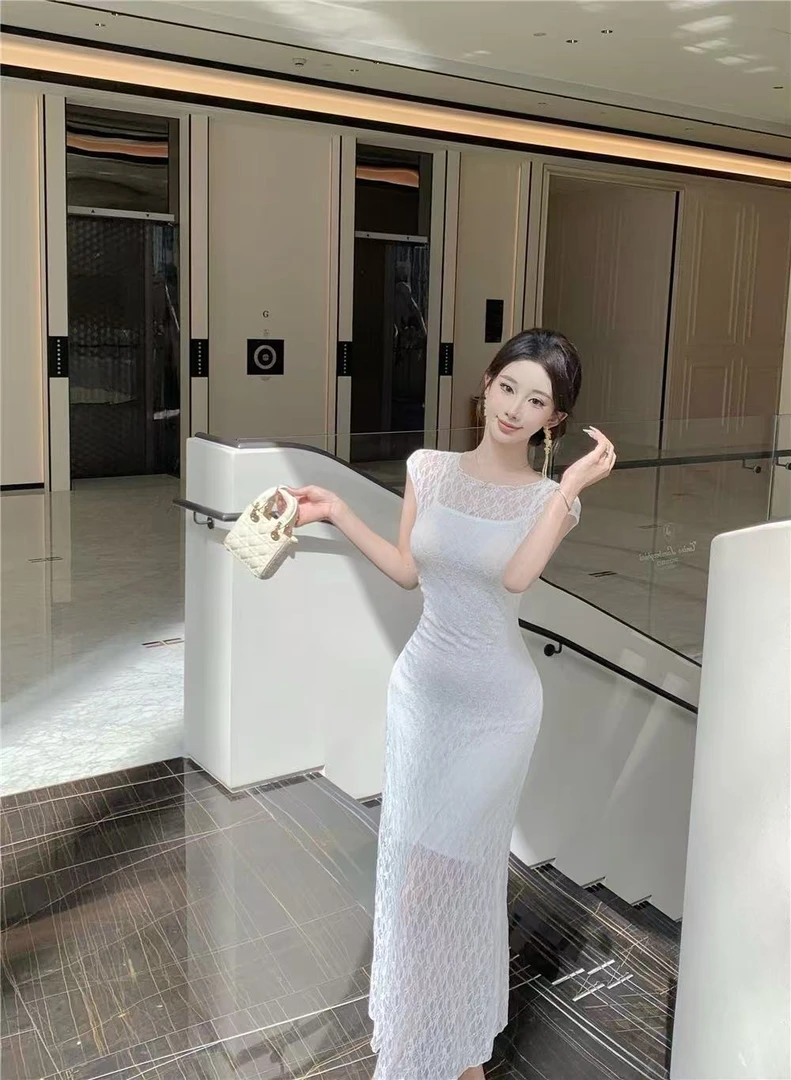 御姐风镂空蕾丝连衣裙子女夏季纯欲气质修身包臀长裙子两件套