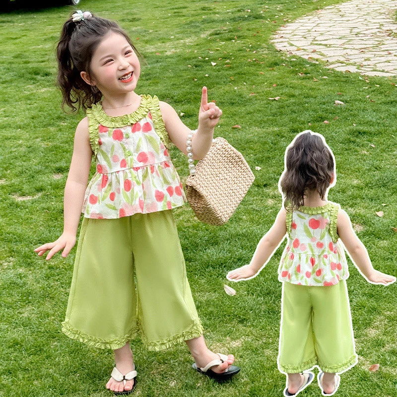 女童套装洋气儿童碎花背心阔腿裤子两件套小女孩宝宝夏装2025新款