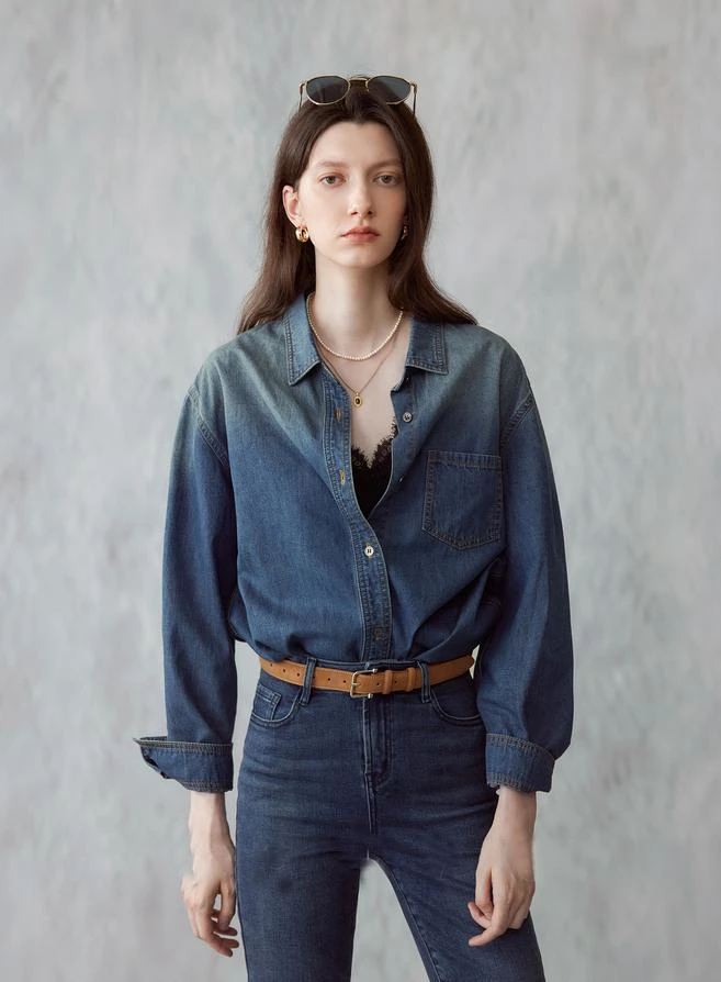 春秋复古水洗纯棉牛仔衬衣女长袖宽松叠穿打底休闲衬衫上衣13156