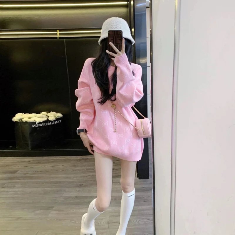 慵懒风减龄粉色毛衣女秋冬韩系网红洋气宽松显瘦时尚针织衫外套潮