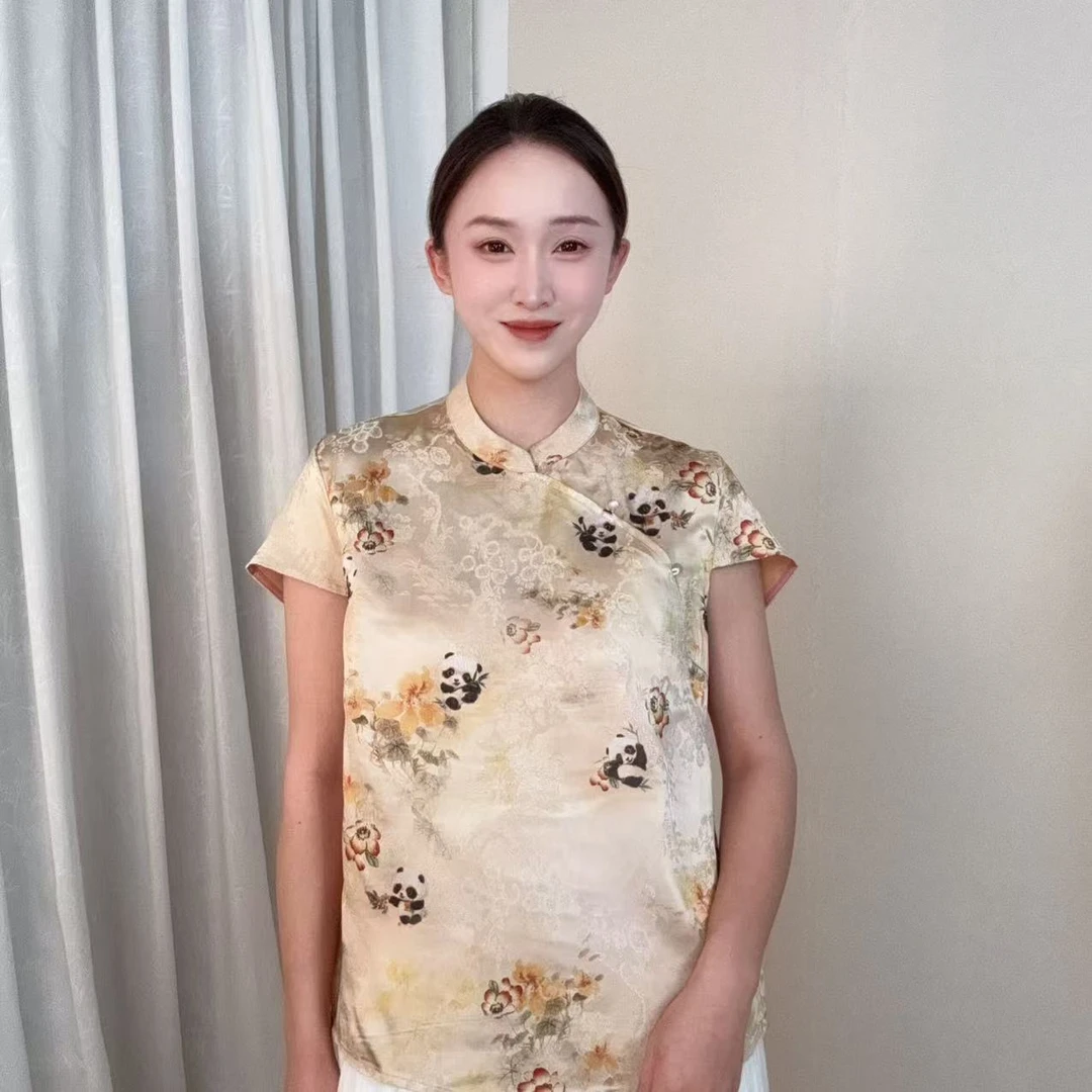 【熊猫抱竹】2025夏季薄款新中式国风飞袖短袖小衫-ZH