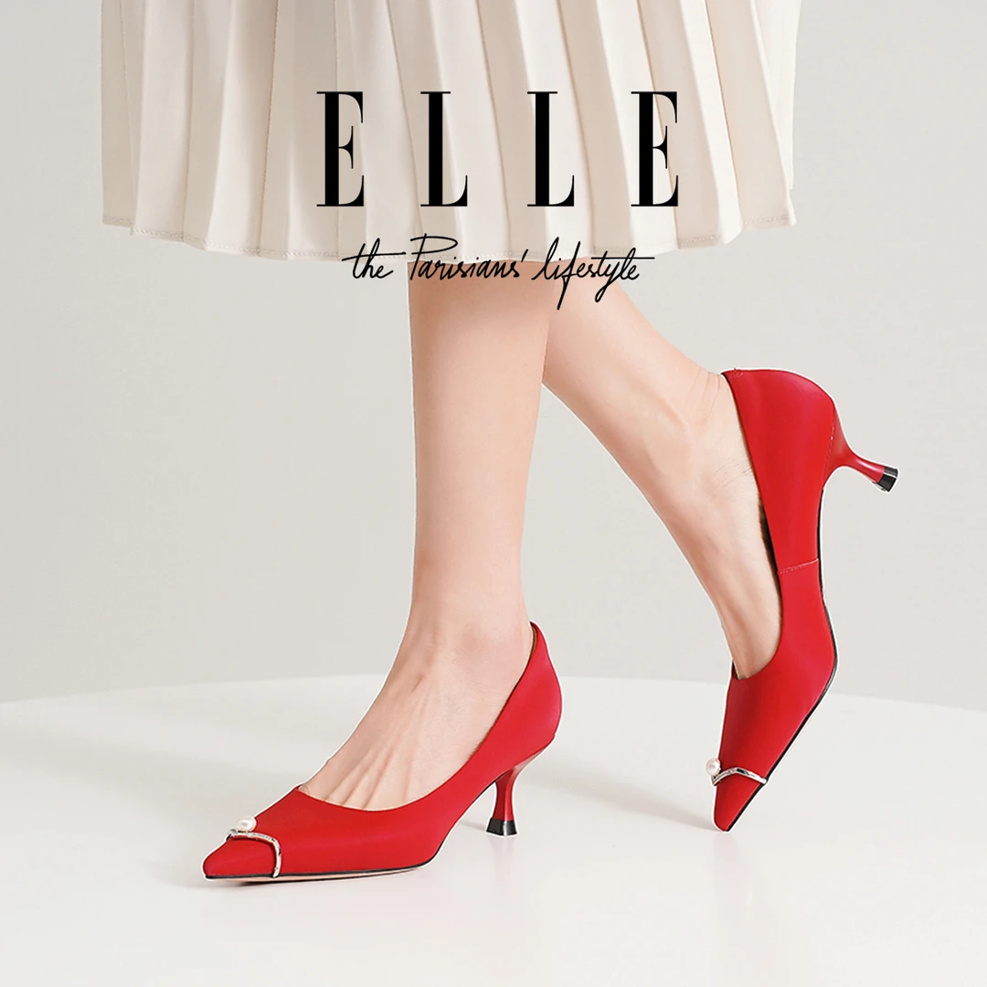 ELLE限定新色红色气质优雅高跟鞋女2025新款尖头真皮婚鞋浅口单鞋
