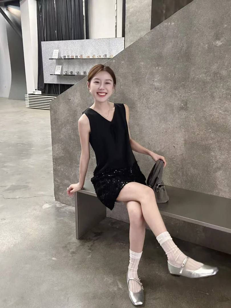 Peach自制 ’暮光之城‘春季新款重工亮片背心裙A字连衣裙 10198