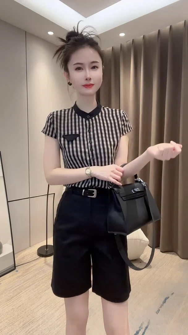 夏季新款女神范减龄格子短袖上衣洋气百搭显瘦时尚气质小立领衬衫