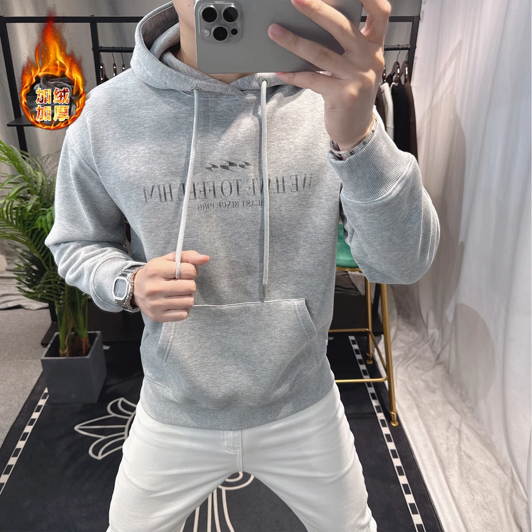 欧洲站男时尚个性加绒加厚卫衣潮流百搭休闲字母印花上衣2025外套