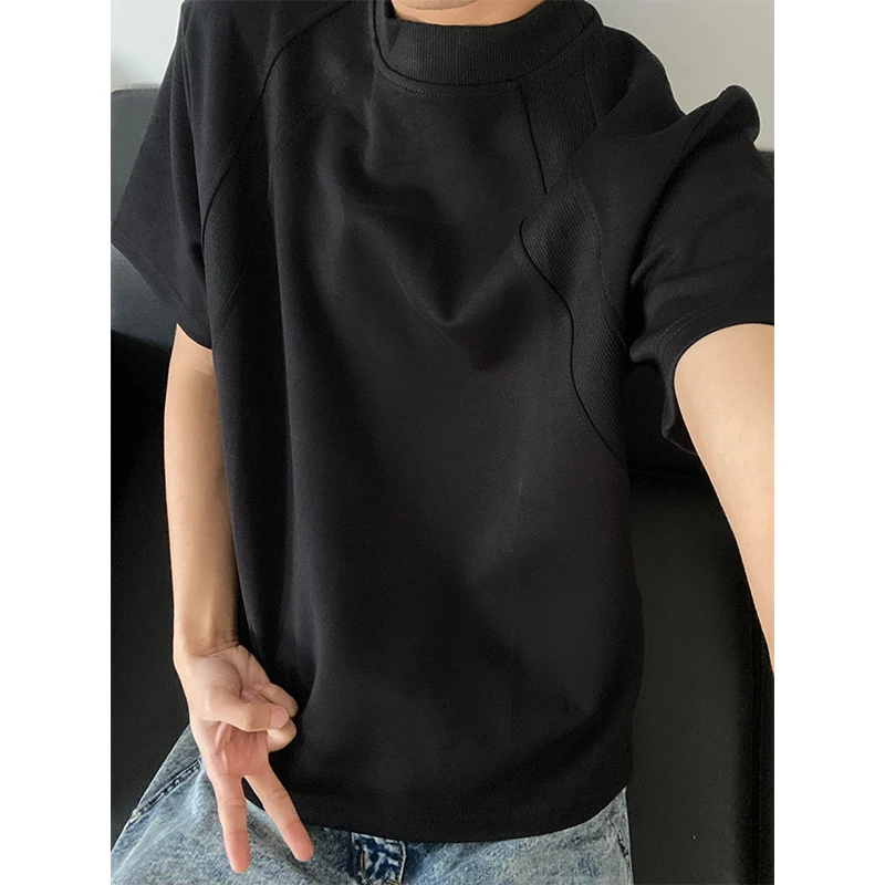 复古拼接设计感短袖t恤男款素色夏季小众宽松欧若风半袖上衣