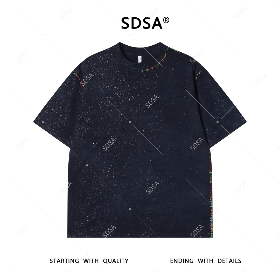 夏季高级感新款男士美式满天星彩色缝线设计短袖T恤休闲圆领上衣