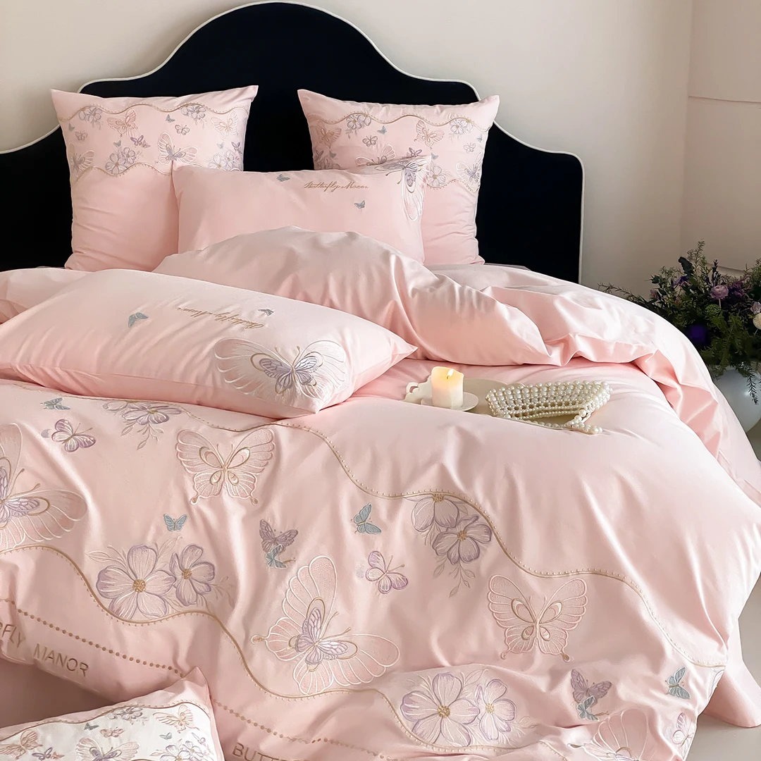 浪漫风全棉加厚磨毛四件套蝴蝶花卉刺绣被套床单纯棉1.8m床上用品