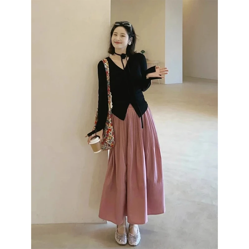 打底衫女韩系黑色v领短款收腰显瘦长袖t恤上衣2025早春漂亮衣服