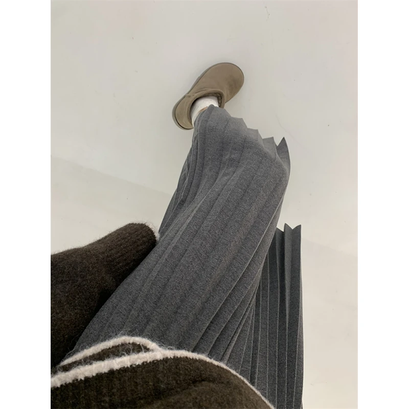 韩版气质灰色百褶半身裙女秋冬高腰显瘦百搭垂感A字毛呢中长伞裙