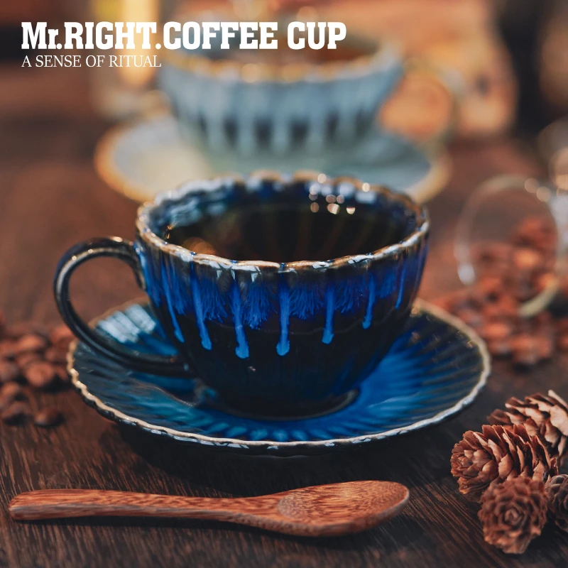 北欧风轻奢复古釉变陶瓷咖啡杯子卡布奇诺拿铁家用花式茶杯碟套装