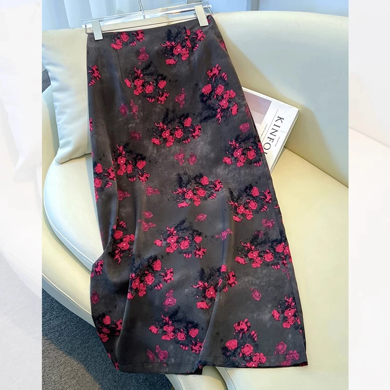 拉夏贝尔时尚印花半身裙女夏季2025新款高腰开叉中长款a字包臀裙