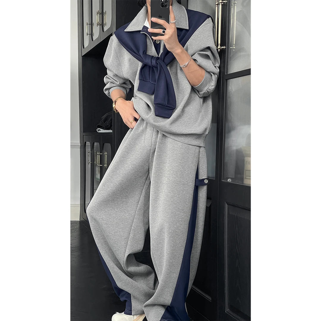 龙叨叨春季潮流高级感披肩撞色拼接翻领百搭卫衣宽松弯刀长裤套装