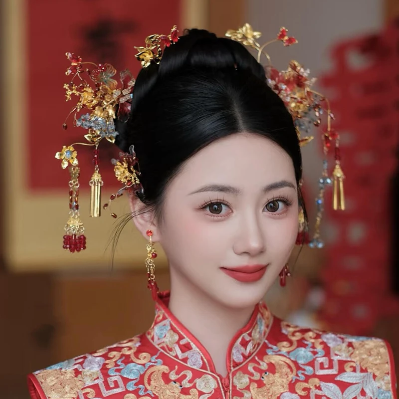 水舞U2101秀禾服龙凤褂红色发簪发饰古典婚礼汉服新娘中式头饰