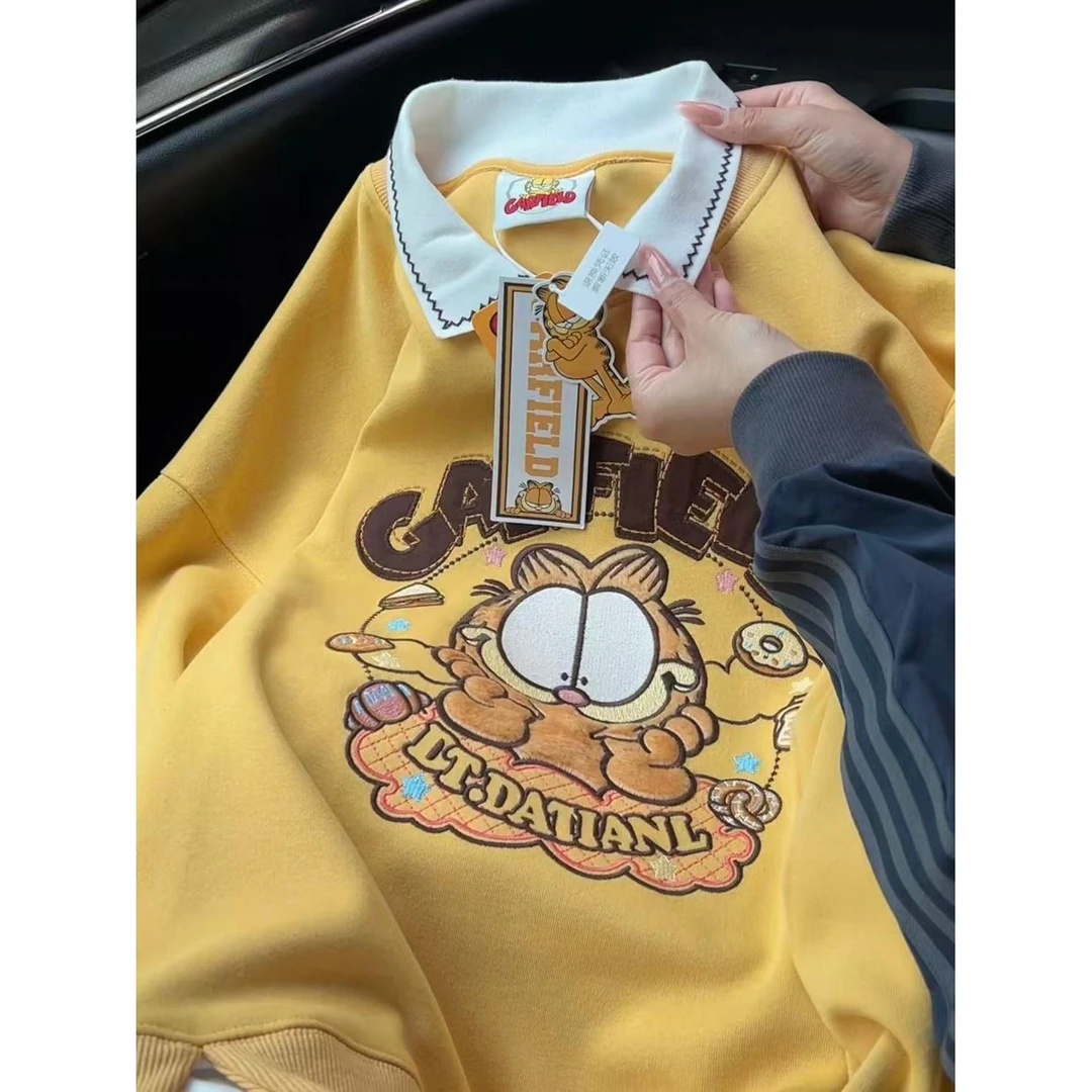 小C家 美式复古卡通刺绣撞色POLO领卫衣男女秋冬宽松学院风百搭