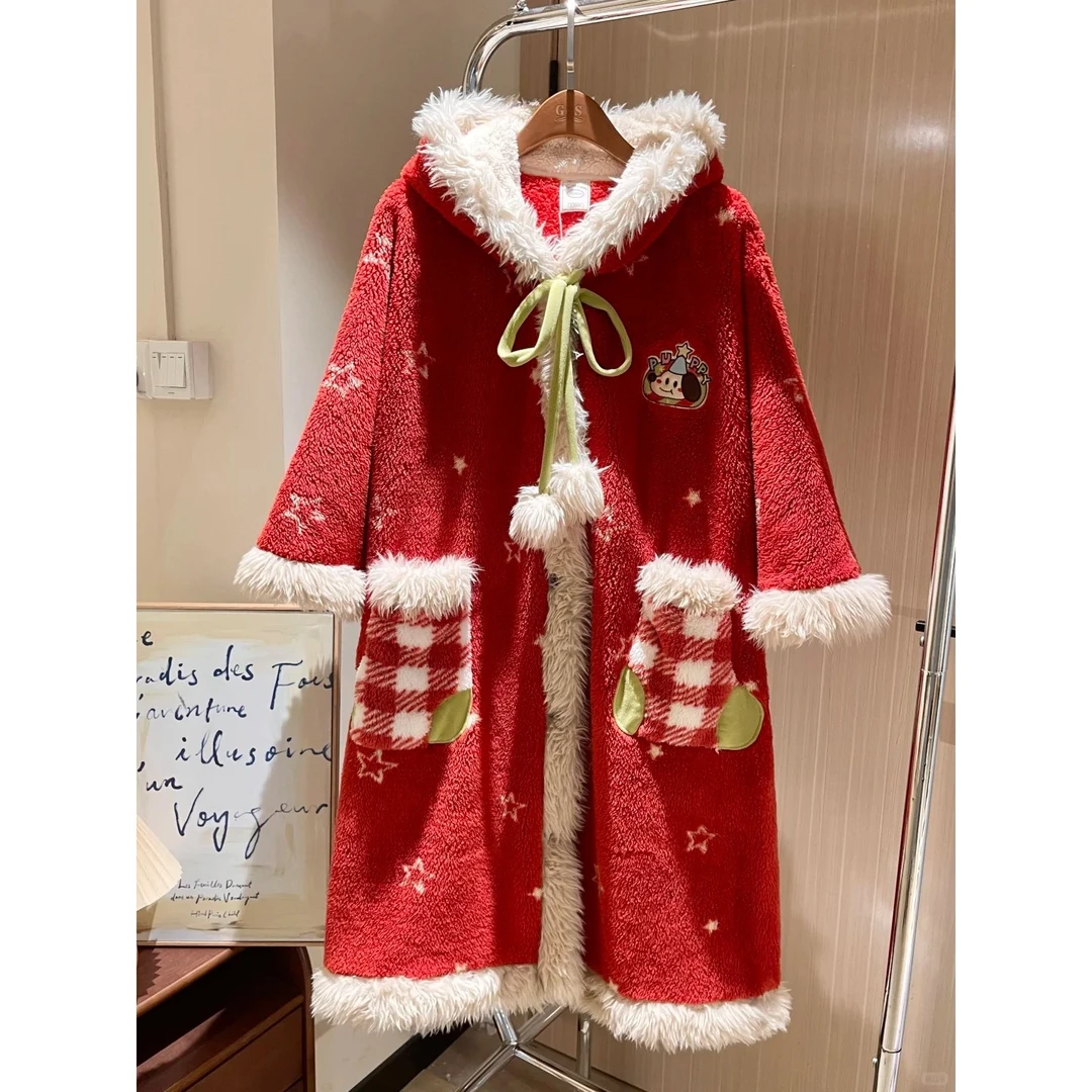 圣诞毛绒小狗珊瑚绒睡袍女秋冬新款毛绒绒保暖加厚休闲毛绒绒睡裙