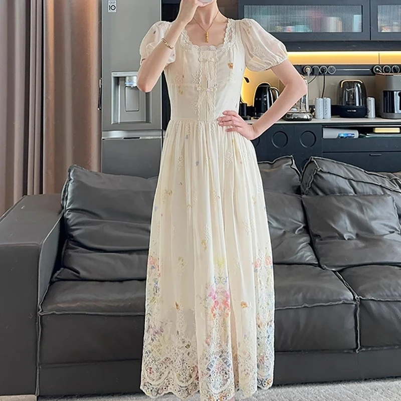【繁花系列】重工设计感仙女连衣裙女小众设计感绝美气质长裙方领