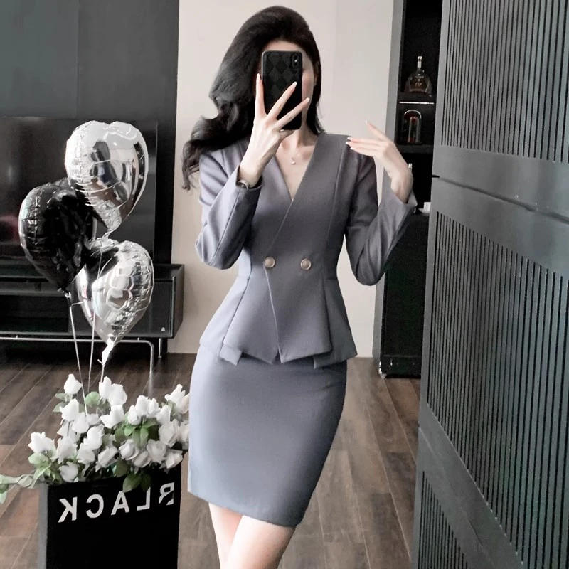 灰色西装套装裙女2025新款秋冬高级感气质工作服酒店前台接待制服